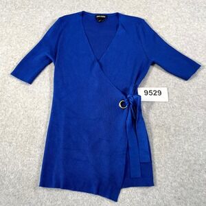 Select + Trend Wrap Top Womens Large Blue Ribbed Rayon V Neck Side Tie Casual